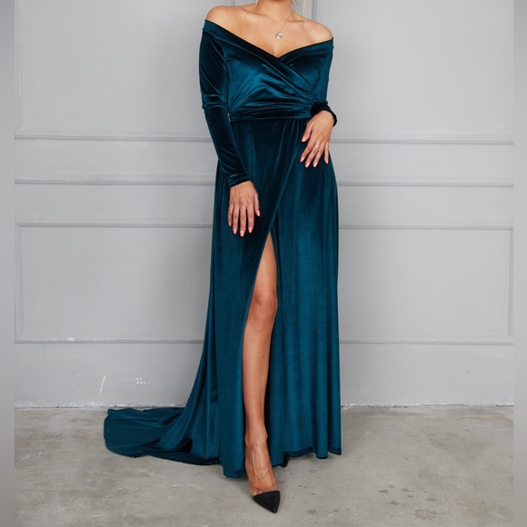 ❗️NEW❗️Dark Teal Off Shoulder Velvet Wrap Maxi Dress - Picture 14 of 16